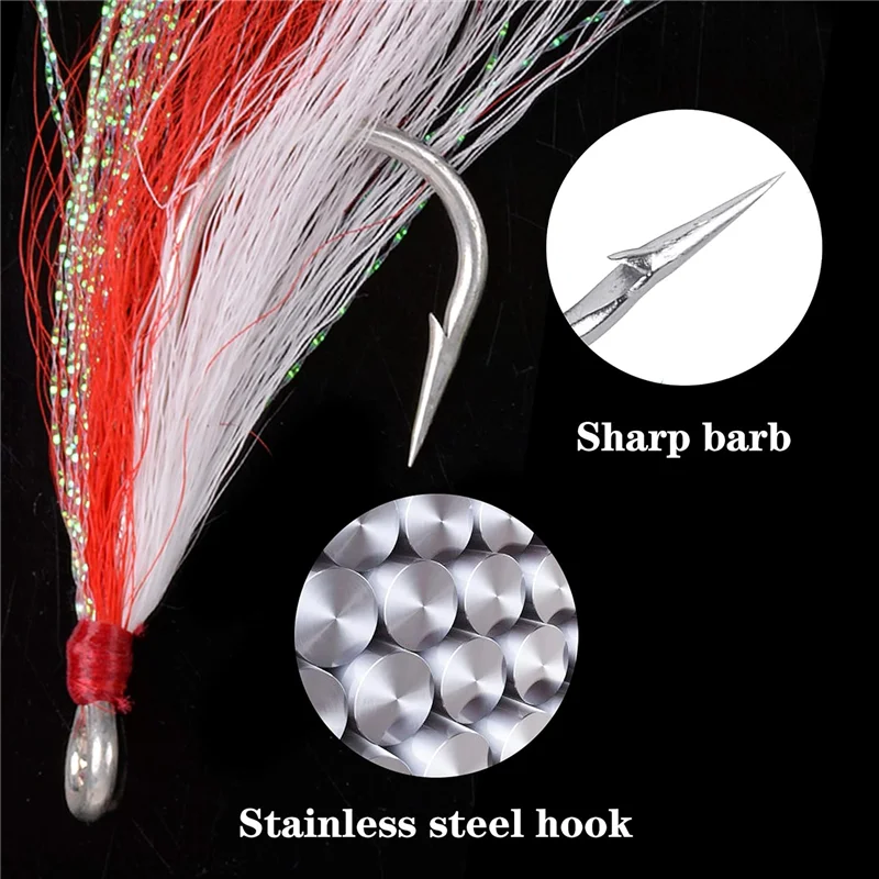 Bucktail Teasers Fishing Hook Saltwater Fishing Plugs Lures Teaser Tail Fluke Rig Super Strong Hooks 10pcs/bag