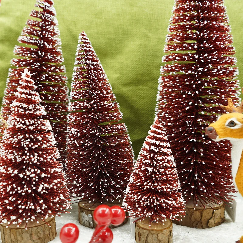 New Launched Christmas Mini Decor  Wooden Base Pine Needles Metal Branches Maroon Snowing Tiny Bottle Brush Trees