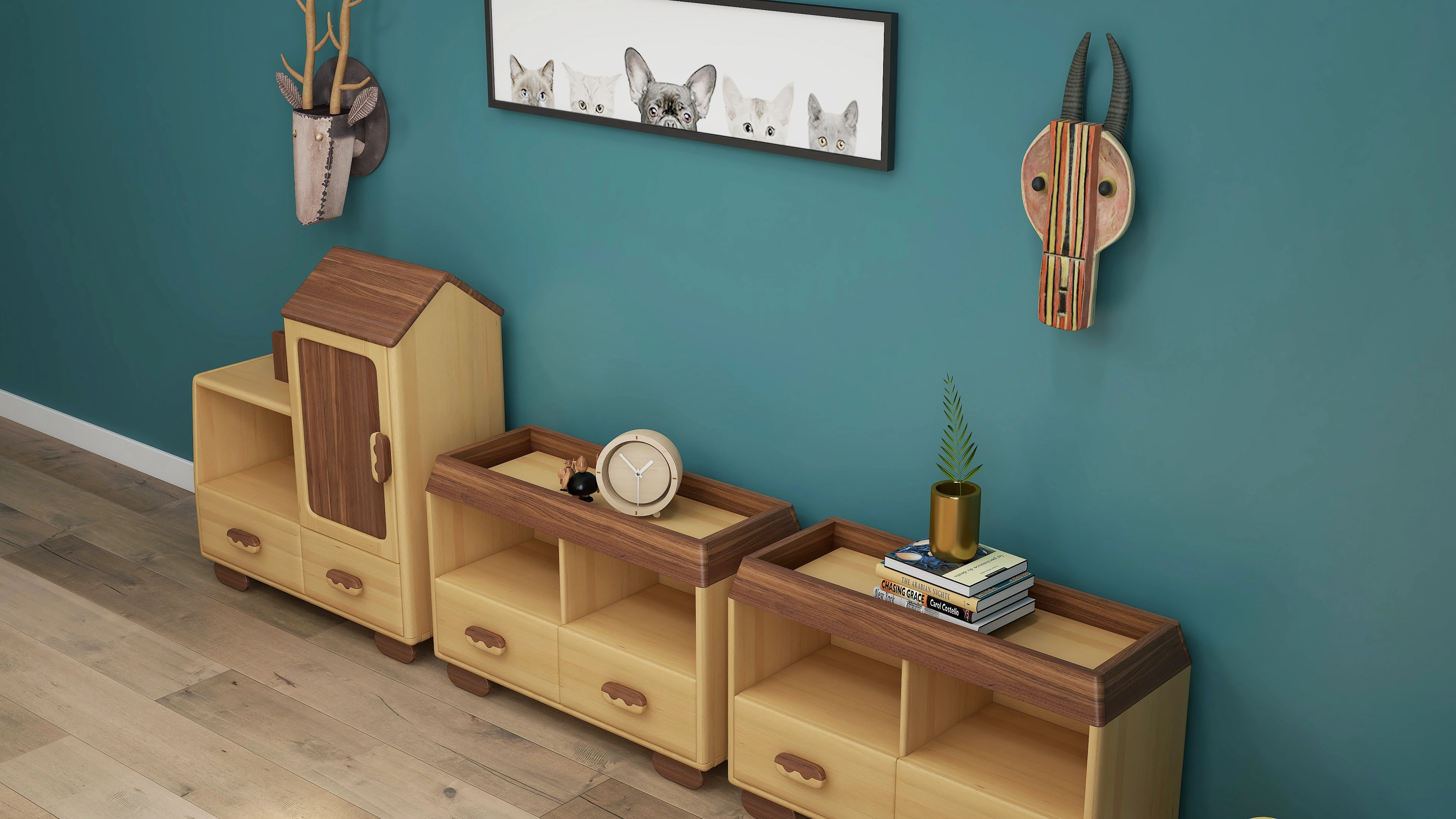 Solid Wood house cartoon design cabinet storage set lovely cute furniture for baby room child kids toddler toy container closet