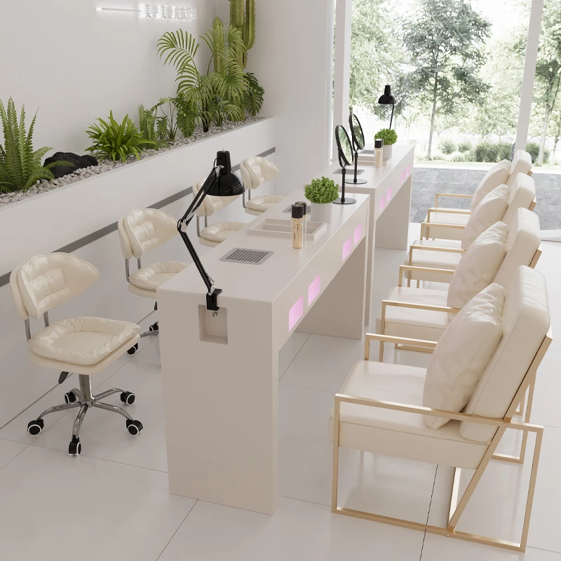 Professional Equipment Pink Manicure Desk Client Table Double Manicure Furniture With Dust Vacuum Cleaner And Luxury Light