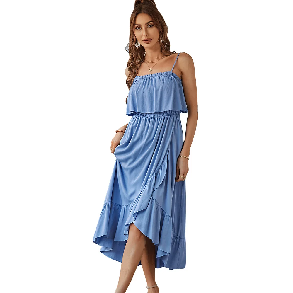 2022 Fashion Ruffles Spaghetti Strap Long Dress Split Solid Women Casual Dress