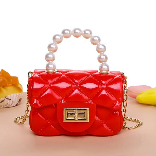 
KS4118 Multi colors kids pvc mini bag wholesale pearl handle girls kid jelly bag 