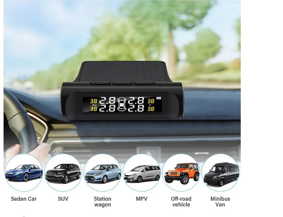 Tire Pressure Monitoring System TPMS Receiver Car USB Charger with  External Sensors Solar TPMS TPMS2