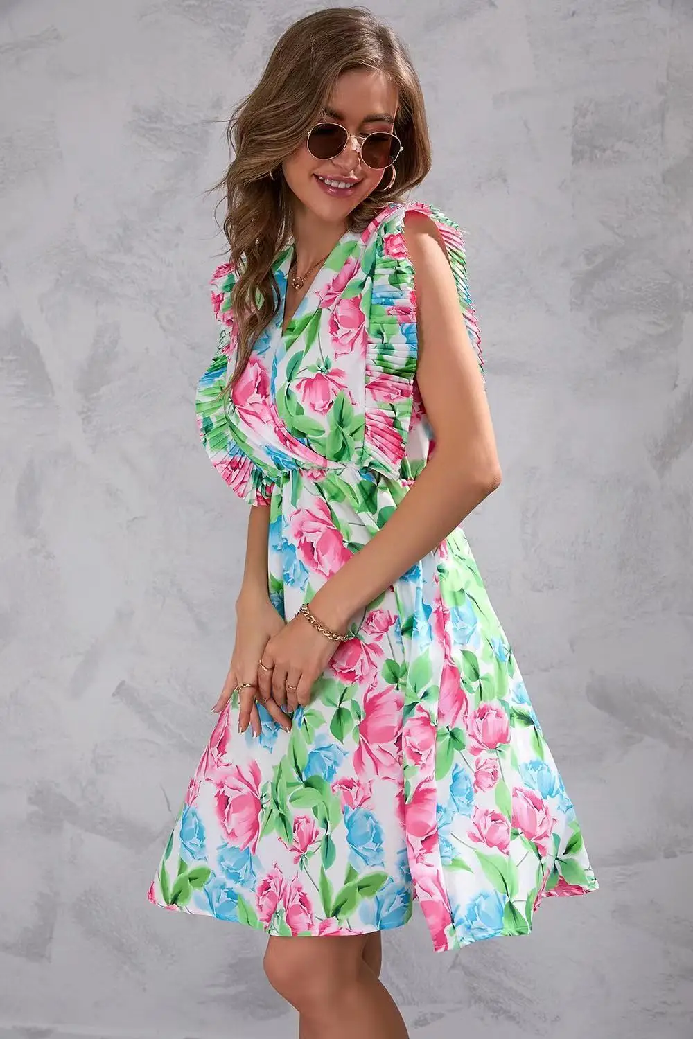 Casual Designer Women Summer Pattern Print V-Neck Tuning Mid Skirt Sleeveless Girls Dress Lady Ropa