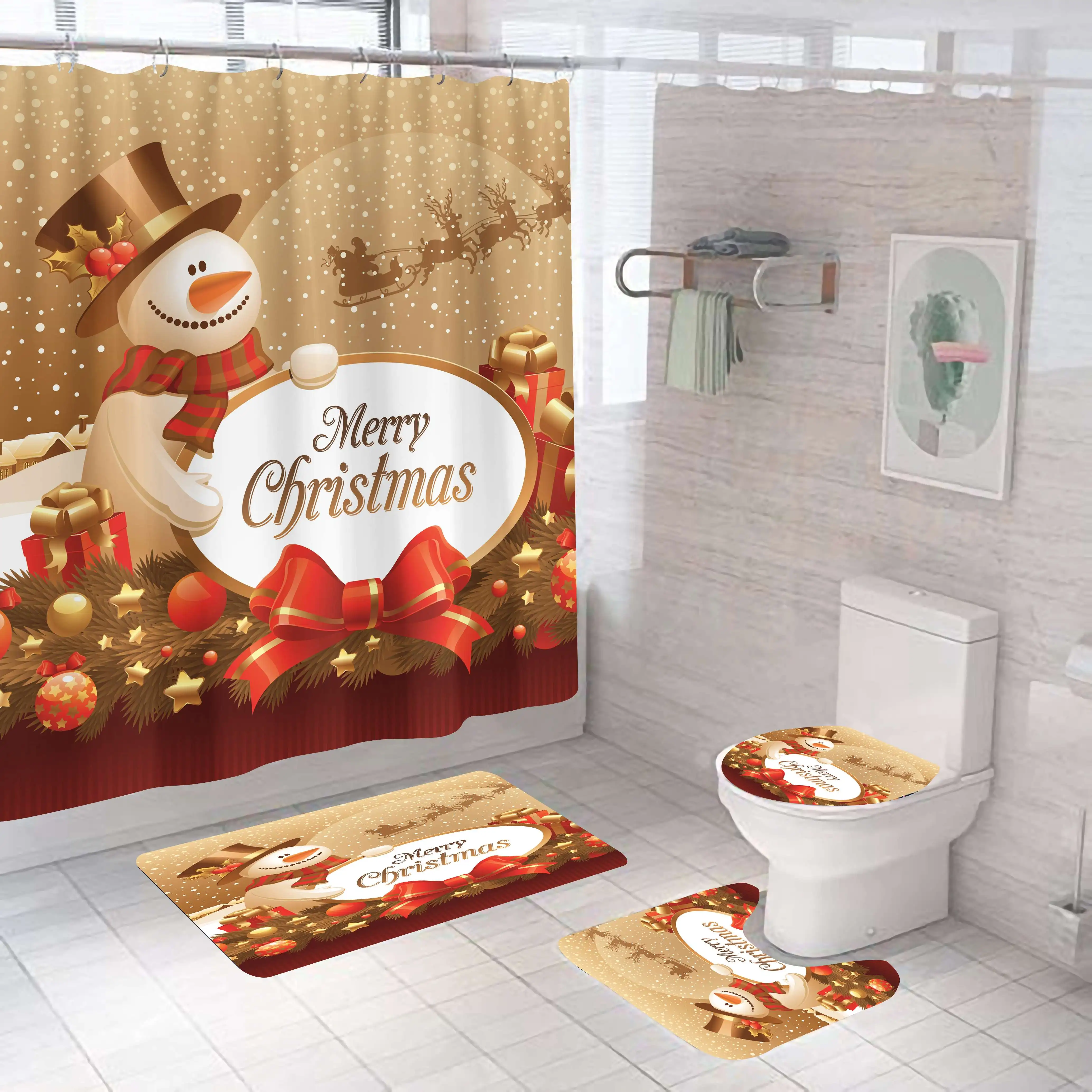 New Product Print Polyester 3D Custom Waterproof Christmas Shower Curtain Set Bathroom Sets With Shower Curtain and Rugs