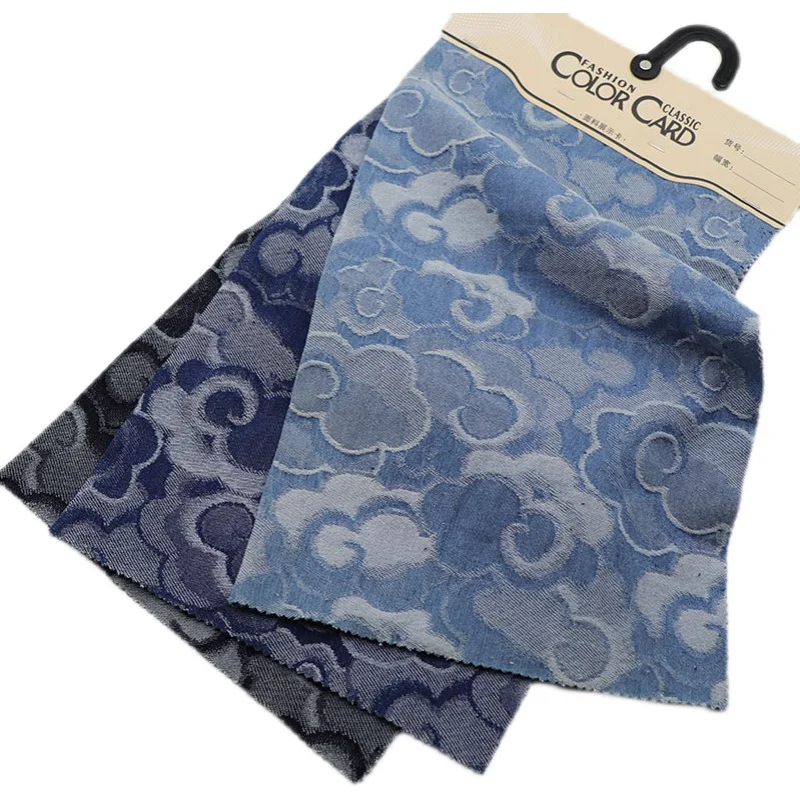 
wholesale Chinese auspicious clouds jacquard washed denim jeans fabric for dresses textile cloth material suppliers 