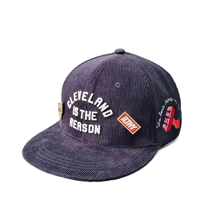 6-Panel Premium Custom Embroidery Corduroy Flat Bill Adjustable Snapback Caps High Quality Velvet Jersey for Outdoor Performance