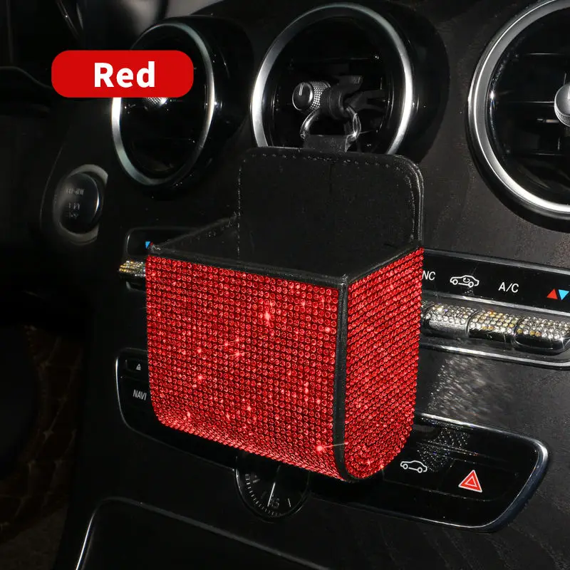 Rhinestone Diamond Crystal PU Grocery Outlet Dustbin Trash Bin Sunglasses Mobile Phone Holder Storage Box Car Vent Organizer