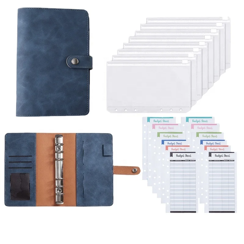 Blue PU Leather Notebook Binder Refillable A6 6 Ring Budget Binder