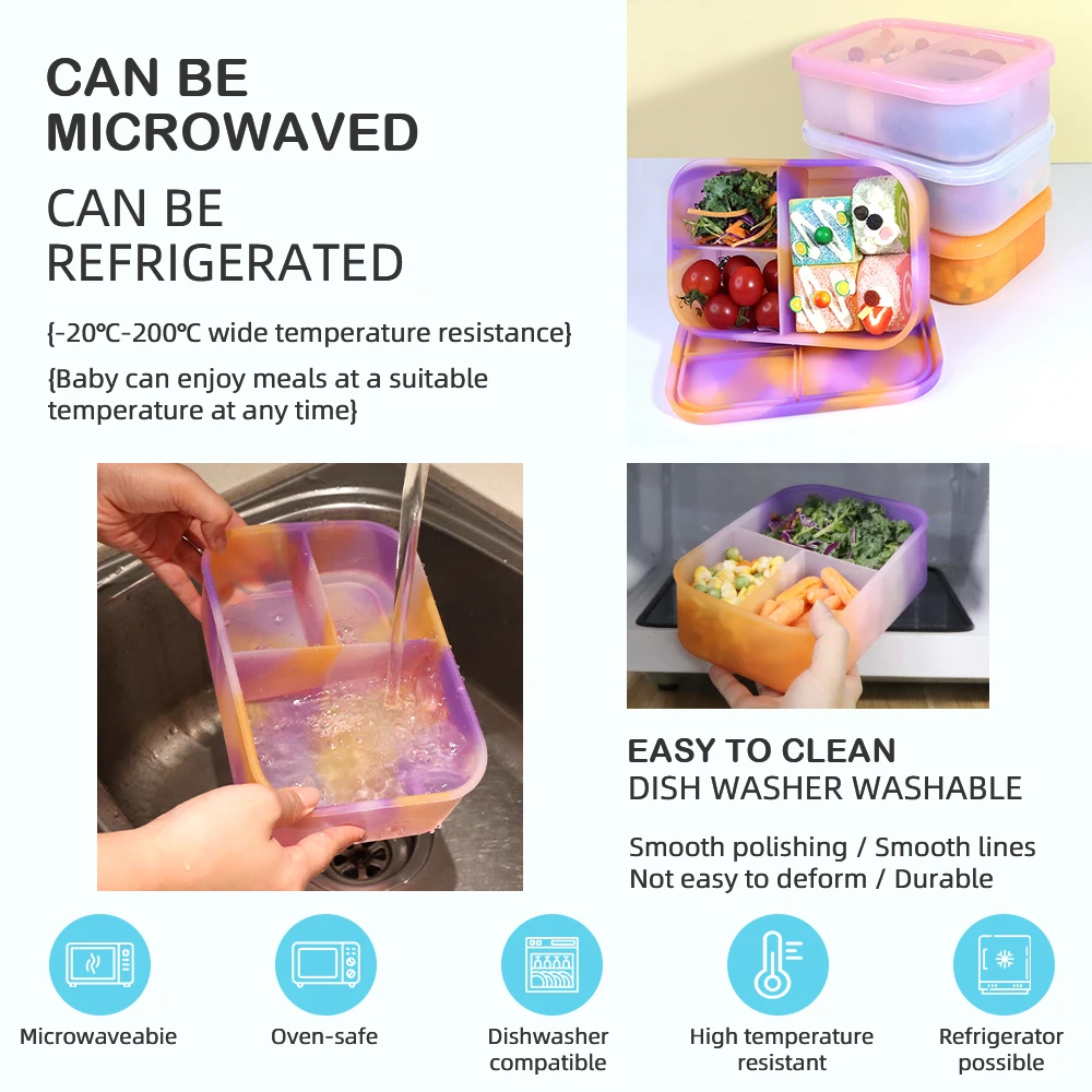 Factory Leakproof Foldable 3 Compartment Kid Snack Fruit Pack Silicone Food Storage Container Bento Lunch Box