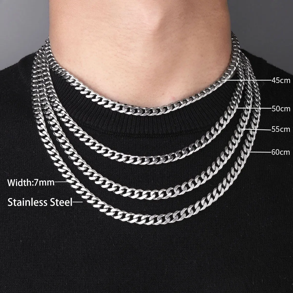 Hip Hop Stainless Steel Basic Curb Chain Necklace Wholesale Simple Multi-Size Cuban Chain Necklace