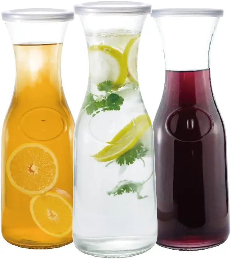 34 oz Kitchen 1 Liter Glass Carafe Easy Pour Bottle Containers For Drink Pitcher Wine Carafe and Juice Glasses with plastic lid