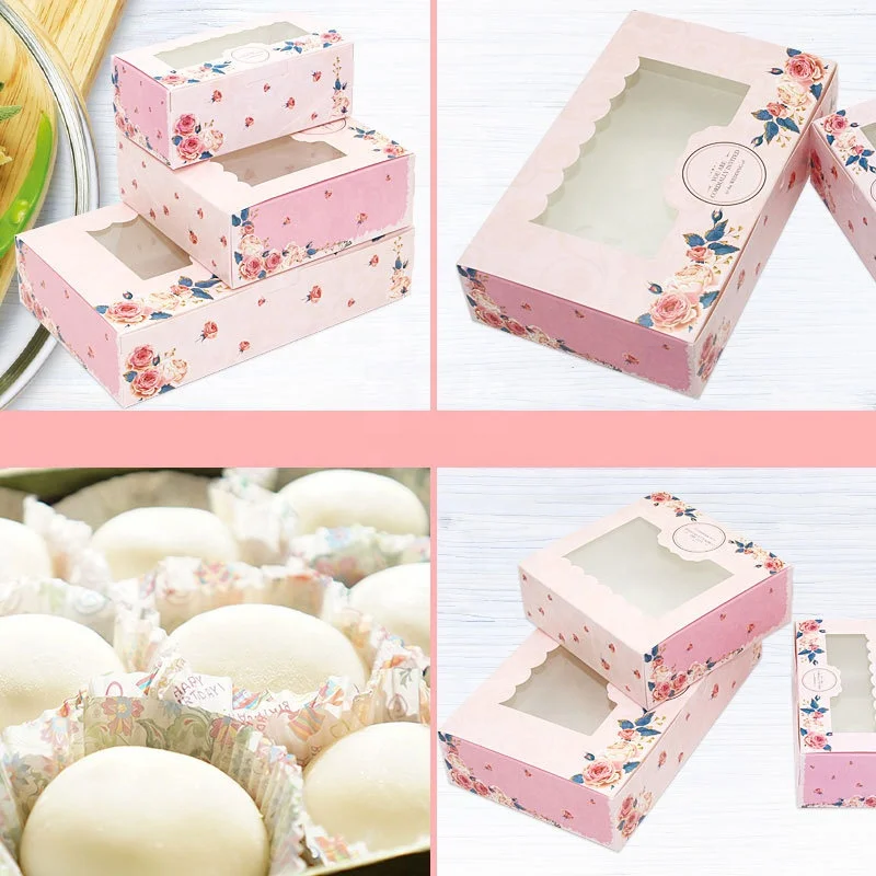 Wedding Party Pink Rose Wreath Gift Kraft Candy  Cupcake Food Packaging Cake Cookies Paper Box With Window