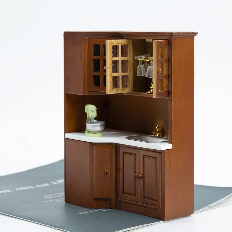 Mini Dollhouse Wooden Wash Basin Cabinet Miniature Furniture Realistic Kitchen Sink for Doll House Bathroom Kitchen Decor