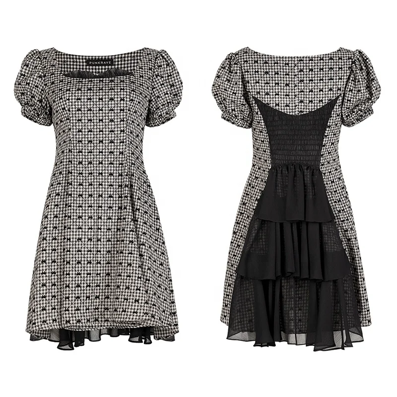PUNK RAVE OPQ-1229LQF summer A line bubble short sleeves winged translucent chiffon elastic band princess cute plaid dress