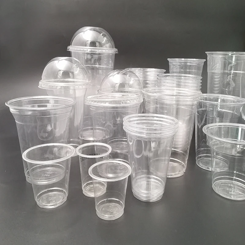 PET PLA PP customized logo biodegradable drinking plastic cups with lids various size disposable juice dessert cup and saucer
