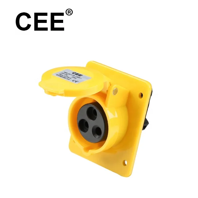 CEE IP44 16A 110-130V yellow 3 pin 2P+E  electric industrial socket plug angled panel mounted socket