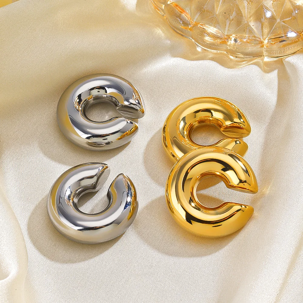 Stainless Steel 18K Gold Plated Big Hoop Earring Trendy clamp Cuff Clip On Earrings Jewelry