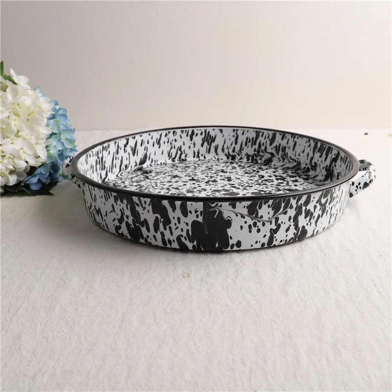 24/26/28/30/32/34/36/38/40cm Enamel Pizza Pie Pan Plate Dish Plate Enamel Cookware Marble Speckles Enamel Frypan Fire Directly