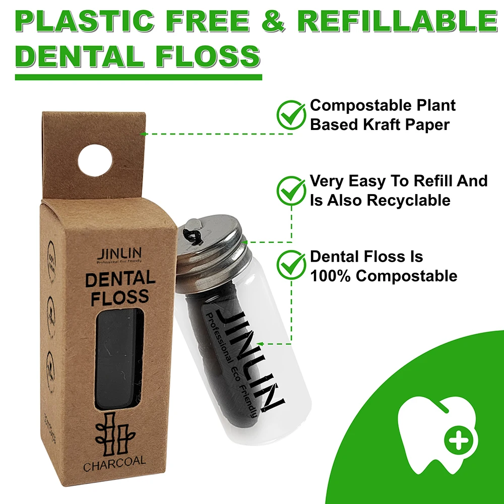 Private Label Custom Printed Wholesale Bulk Super Pick Vegan Bamboo Charcoal Dental Floss Waxed Mint 50m For Oral Care