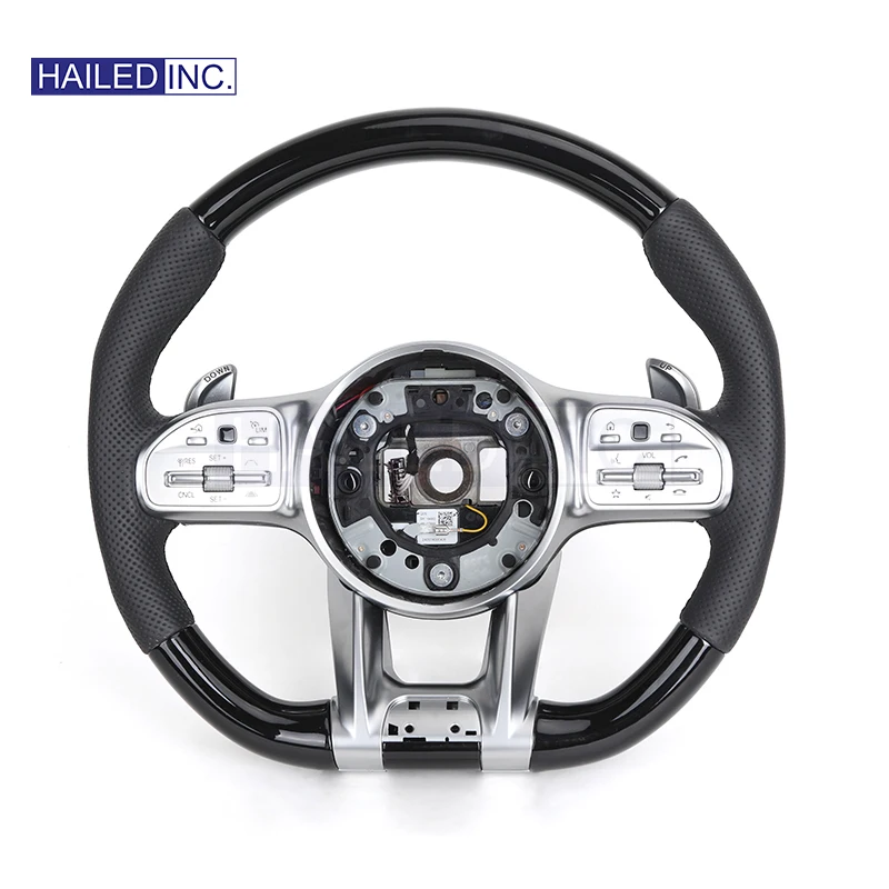 HAILED Custom Half Perforated Leather Piano Black Carbon Steering Wheel for Mercedes Benz W205 W213 W222 C118 X290 C43 C63 AMG