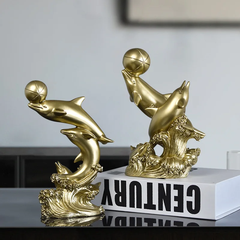 resin craft small dolphin sculpture for home office decorative artificial gold resin dolphin statue figurine art home decor item