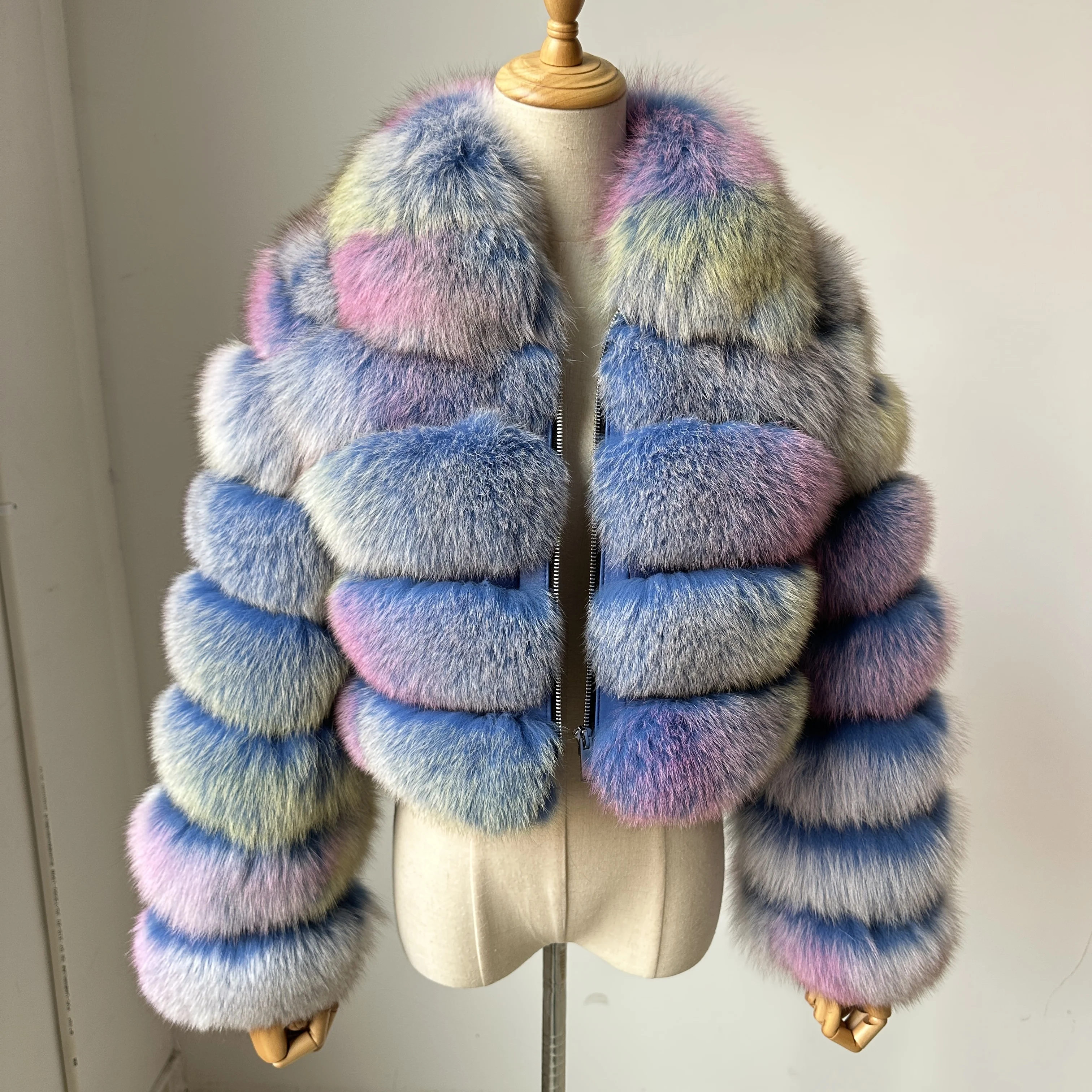 Mix Blue Colorful Genuine Fox Fur Coat With Zipper Women  Real Fur Cropped Short Jacket Lapel Winter Ladies