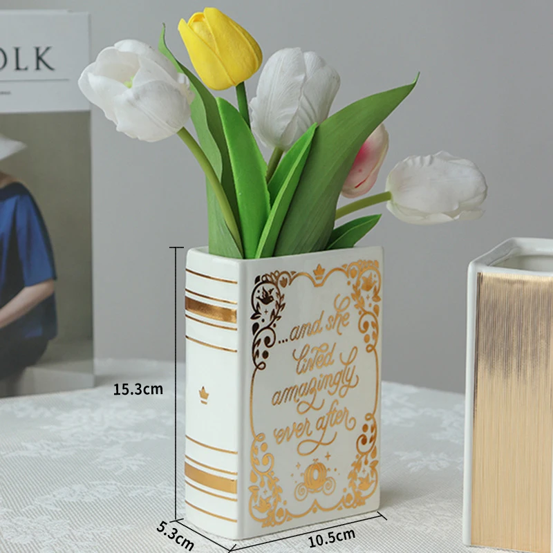 Luxury Nordic Home Hotel Decorative White and Gold Ceramic Book Shaped Flower Vase Pen holder for Office