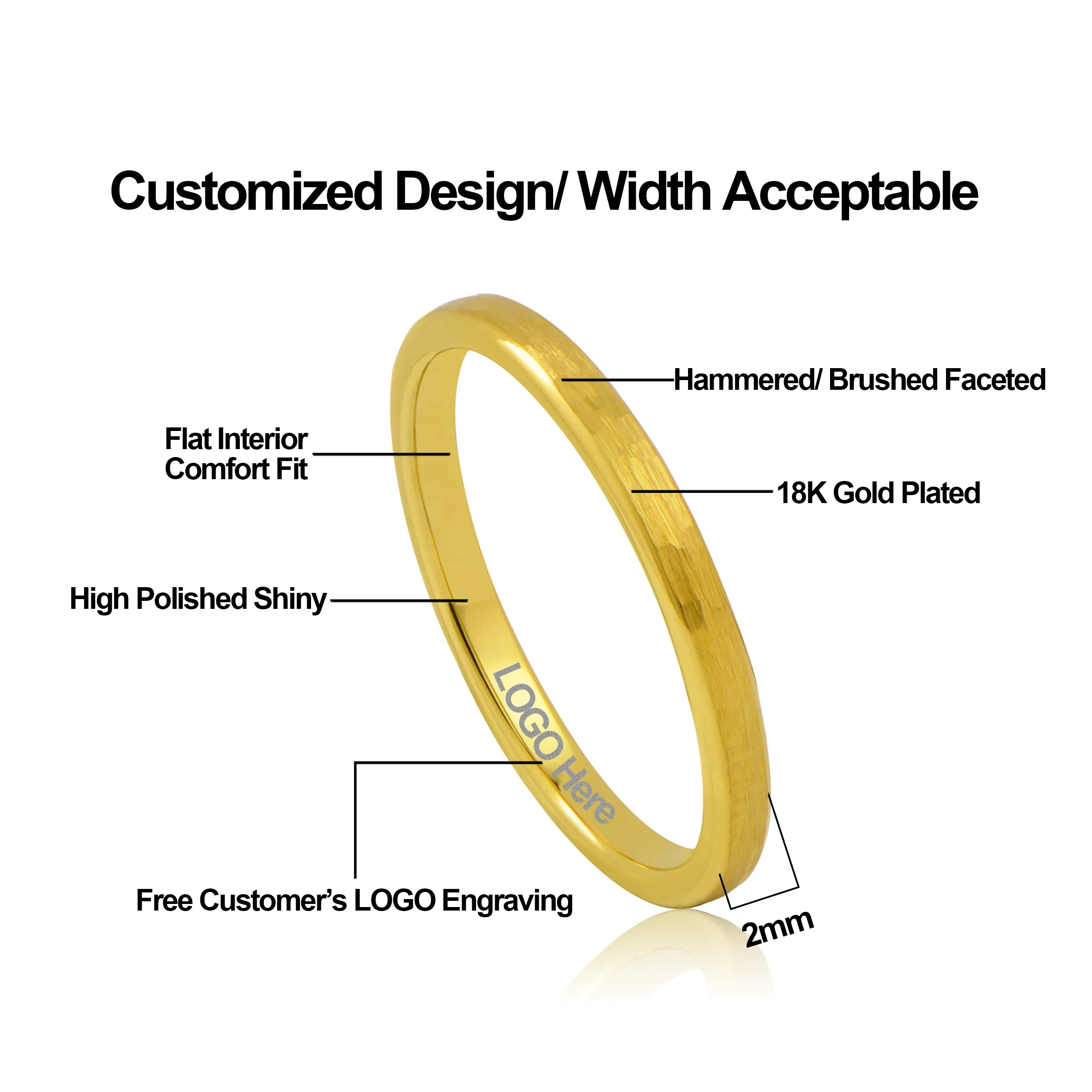 2MM Hammered 18K Gold Tungsten Engagement Ring