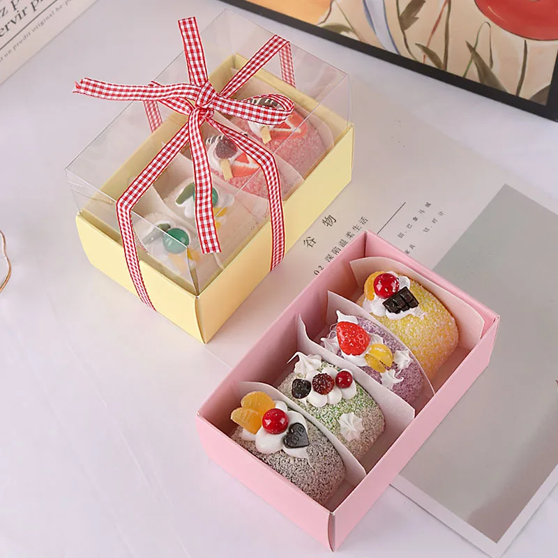 Wholesale Long Plastic Clear Lid Yellow Bakery Packing Swiss Roll Cake Box Small Gift Dessert Food Packaging Clear Pastry Box