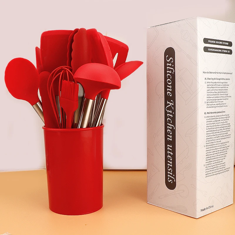 2023 New Kitchen Set With Stainless Steel Handle 14pcs Silicone Kitchen Utensils Set With Plastic Bucket Cooking Utensils