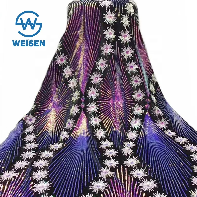 New Flower Holographic Hologram Wholesale Design Net Lace Embroidery Fabric Sequin