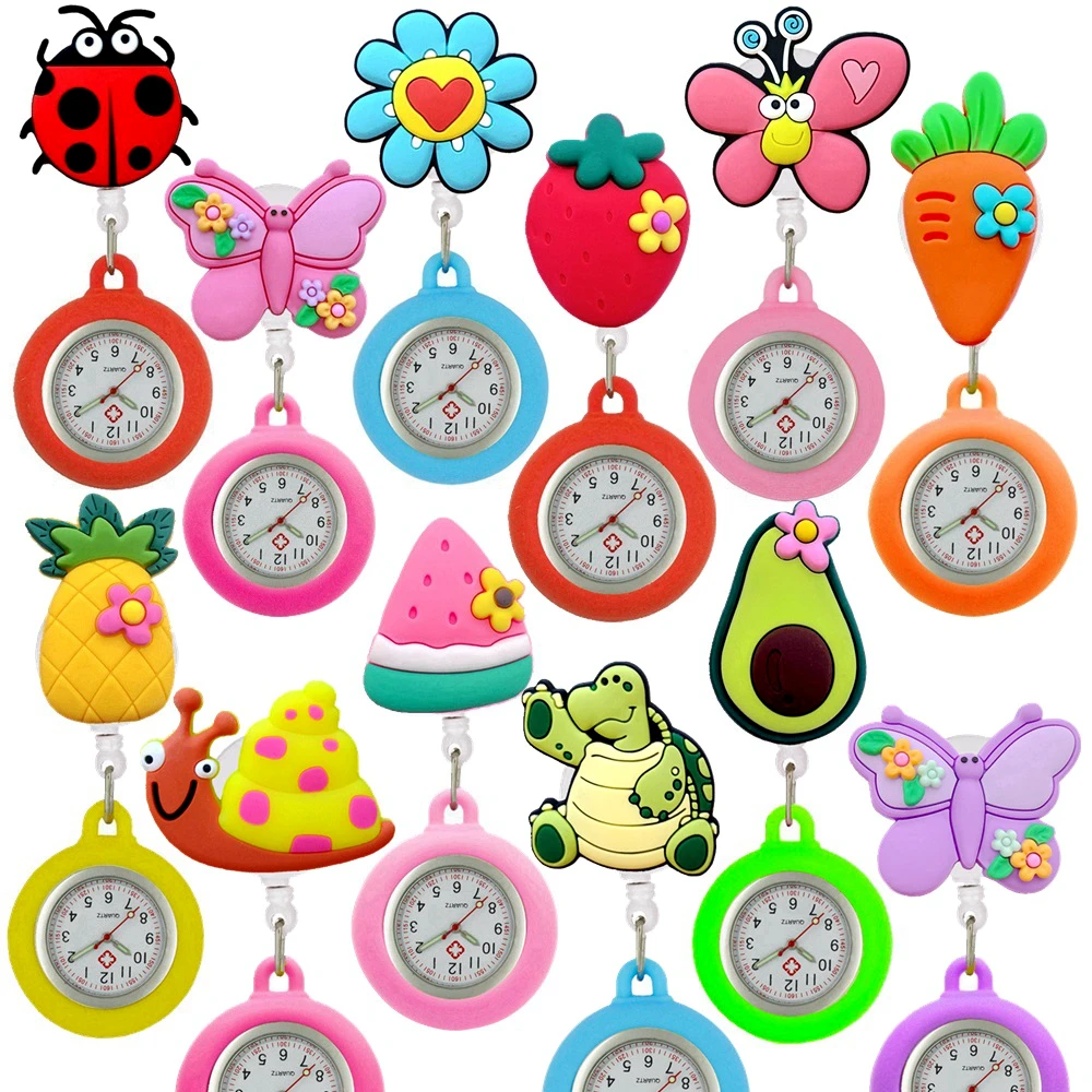 Lovely Cartoon Animals Fruits Sunflowers Colourful Butterfly Retractable Nurse Doctor Hospital Medical FOB Clip Pocket Watches