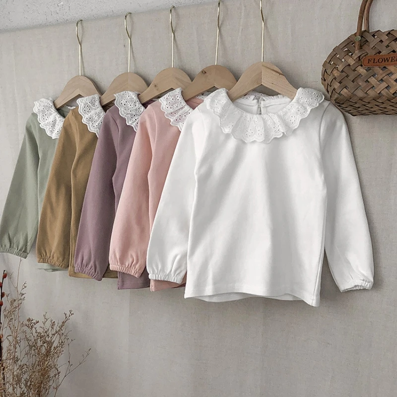 Осенняя Милая футболка с длинными рукавами для маленьких девочек милые однотонные хлопковые тканые рубашки детский кружевной топ лацканами оптовая продажа