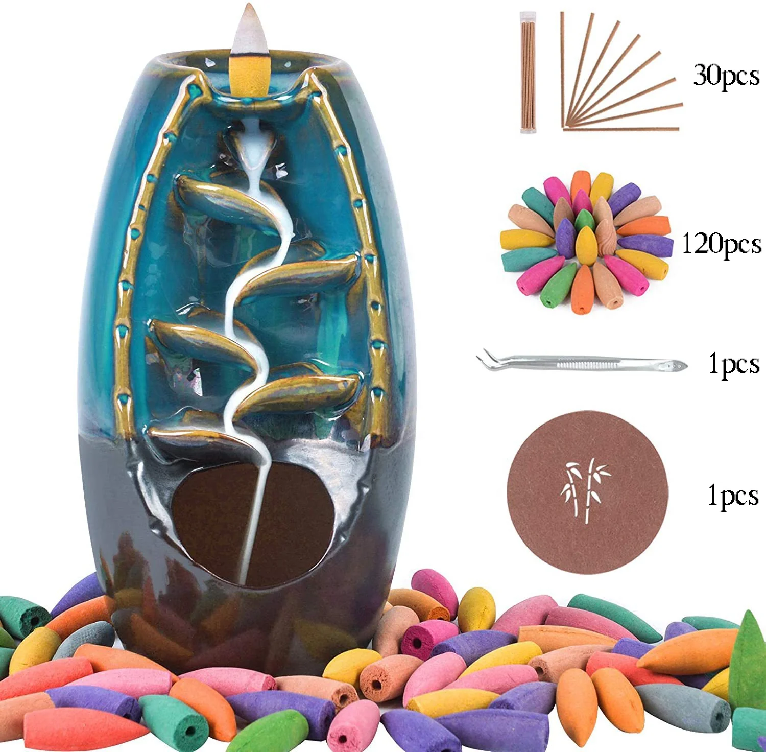 Wholesale Ceramic purple backflow incense burner set with incense cones waterfall incense burner