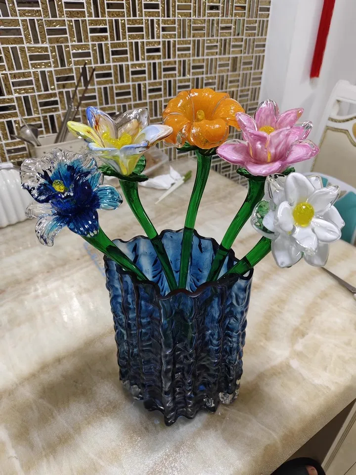 Artificial flowers Hand Blown Art Nordic Folk Art Decorative Long Stem vivid colored murano glass flower vase decoration flowers