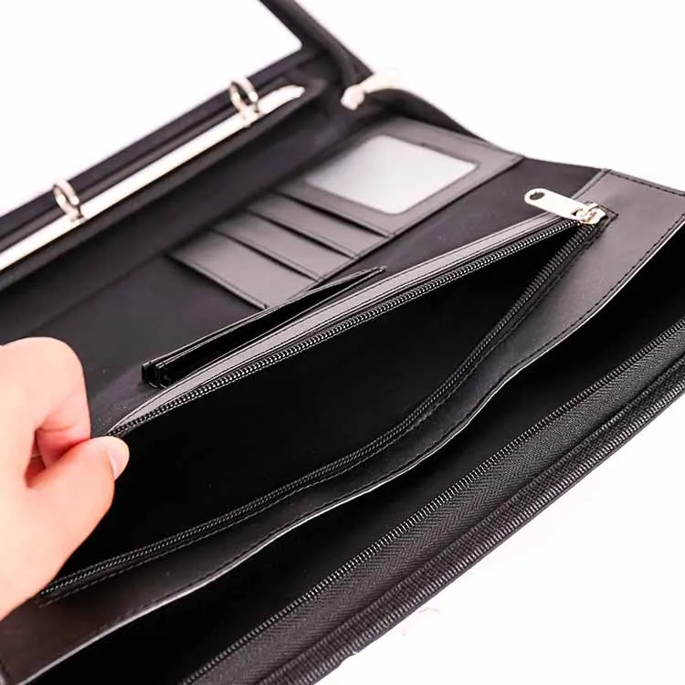 Business resume interview leather contratible portfolio padfolio tablet sleeve big pocket card slot pen holder handle