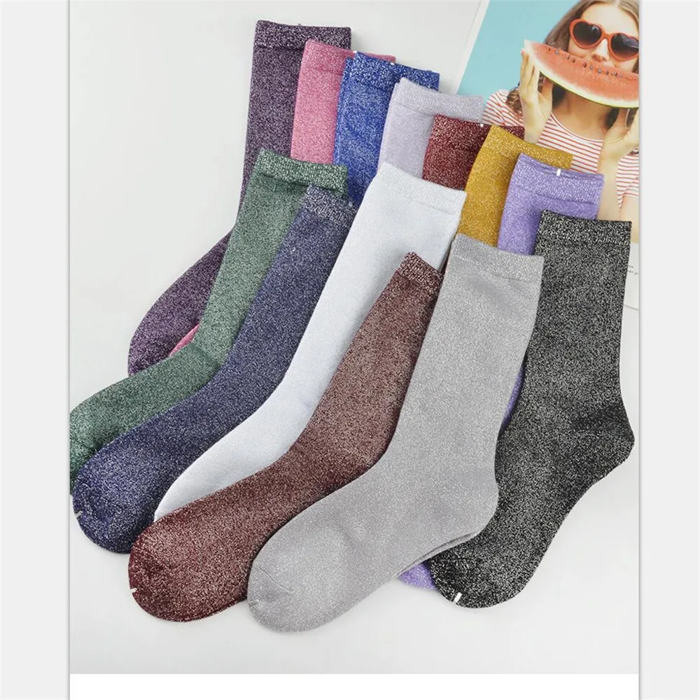 Women Solid Large Size Silver Lurex Socks Plain Knit Colorful Metallic Pink Purple Shiny Winter Ankle Socks
