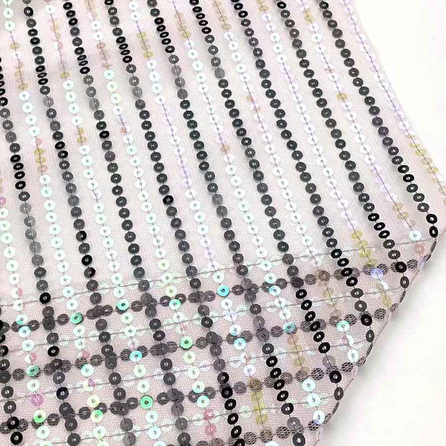 Hologram Stripe Spangle Embroidered 5mm Sequin embroidered Net Fabric 100% Nylon Mesh Ground for Party Dress