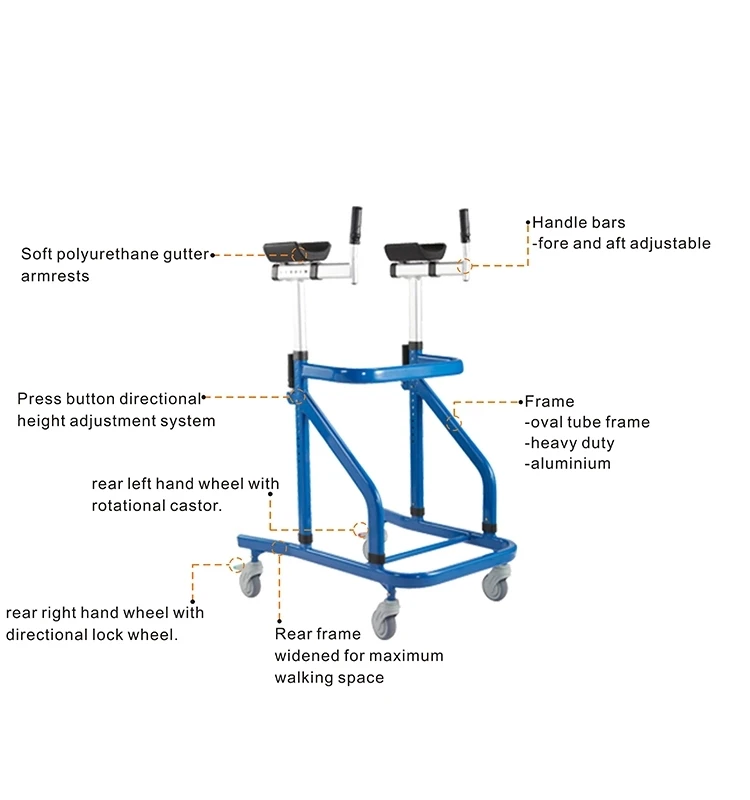 Blue colour height adjustable walking aid aluminium rehabilitation 4 wheel walker with handle bars