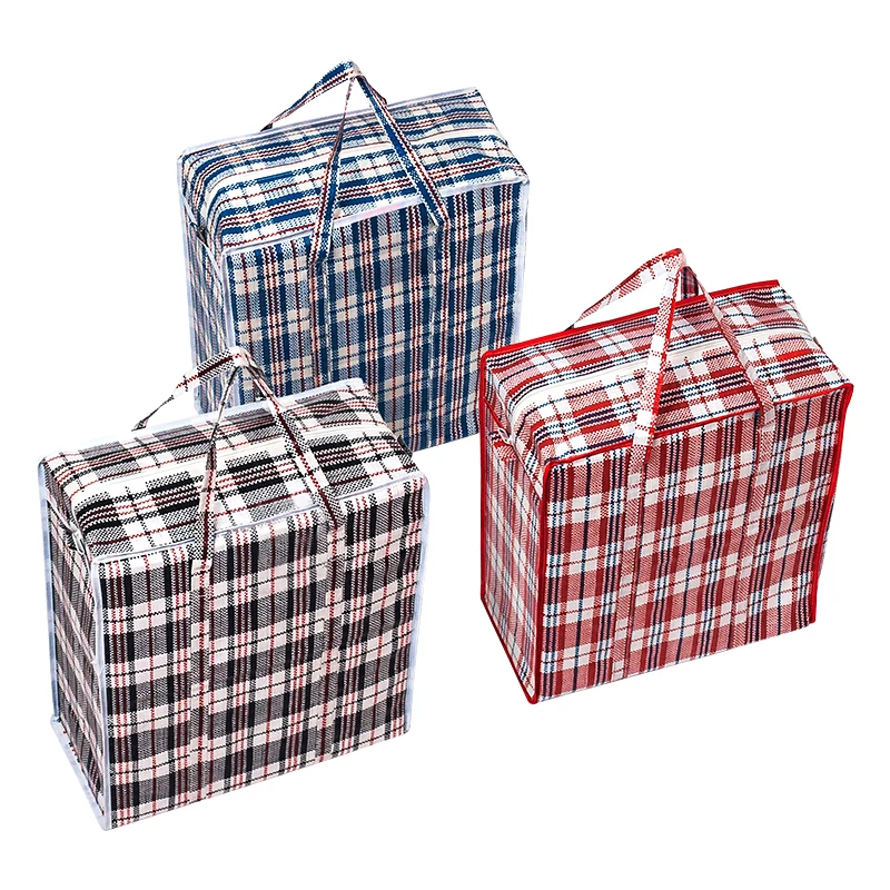 
China Factory Wholesale Plaid Large Durable Plastic Pp Woven Shopping Bag with zipper 