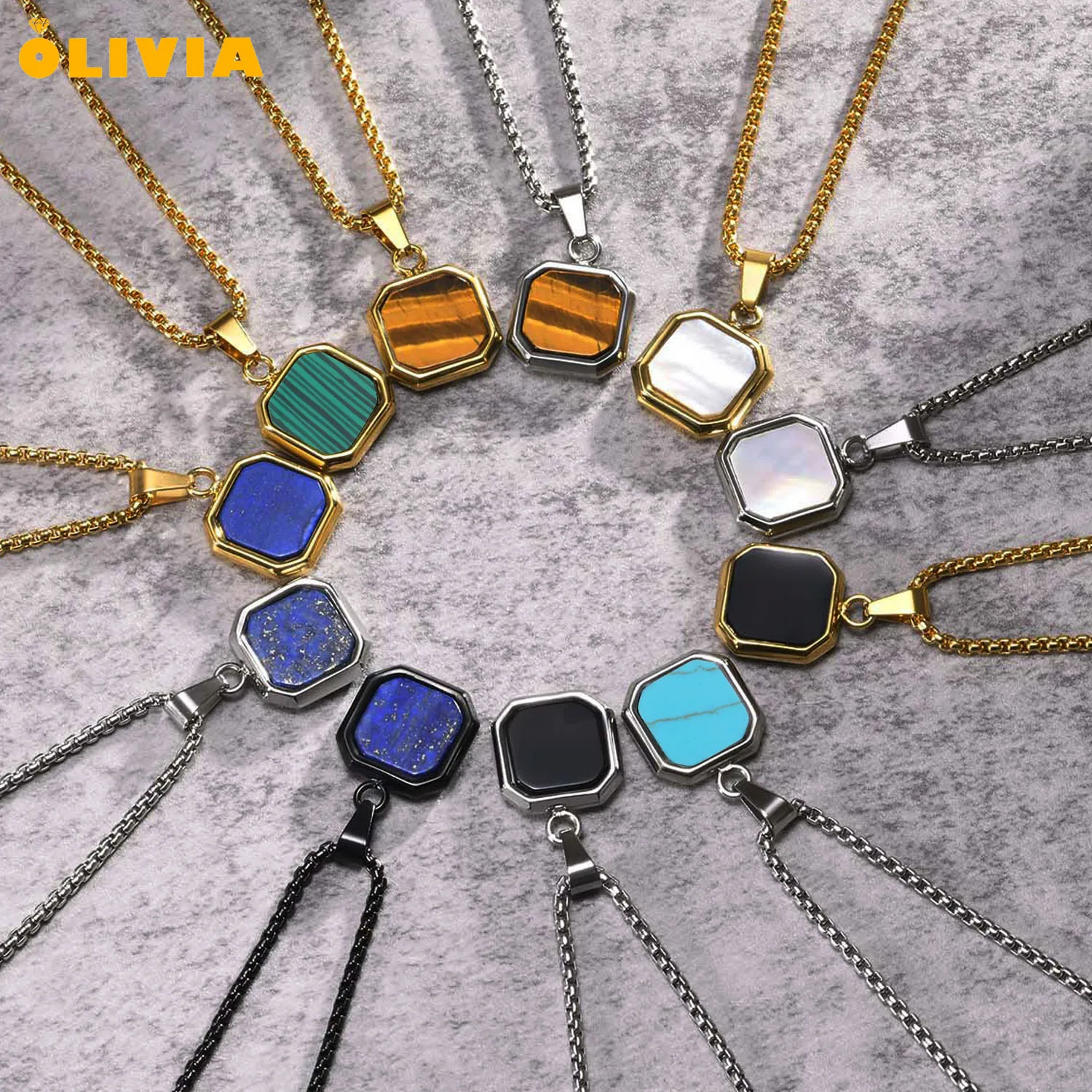 Vintage Square Shape Howlite Stone Pendant Necklace Gold Rope Chain Black Onyx Stone White Turquoise Jewelry Necklace For Men