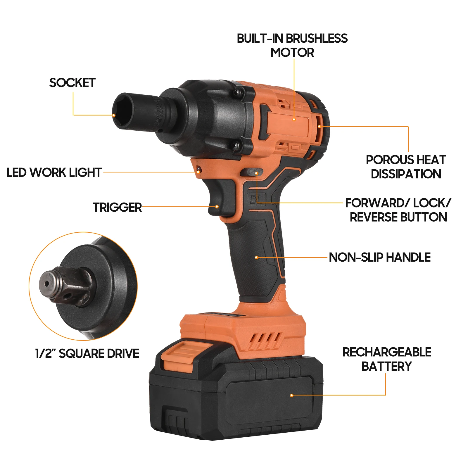 20V 3.0Ah Lithium Battery Cordless Brushless Impact Wrench Variable Speed 420N.m Torque Handheld Power Wrench