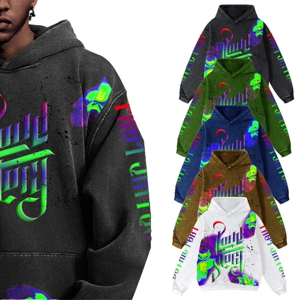 Custom 450g Heavy Vintage Print Pattern Distressed Blank Hoodie Sun Faded Cotton Puff Printing Cropped Hoodie Sweatshirt for Men
