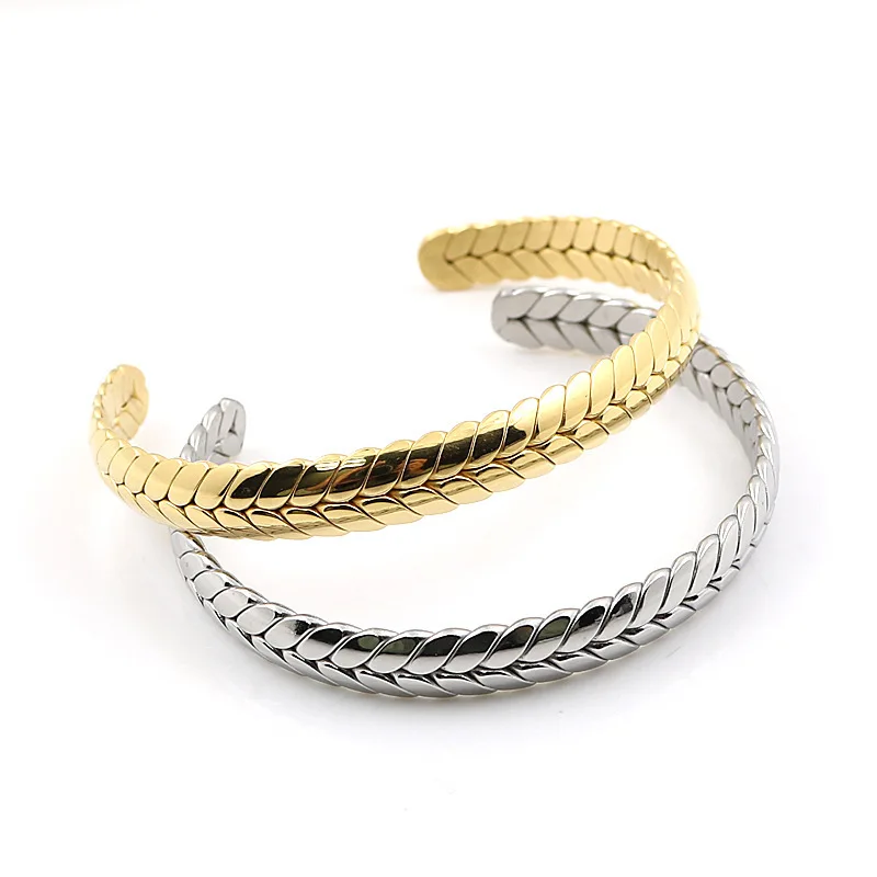 Classic Simple Punk Gold Plated Spike  Bangle Cuff Bracelet Trendy Gold Plated Wheat Stainless Steel Bracelet