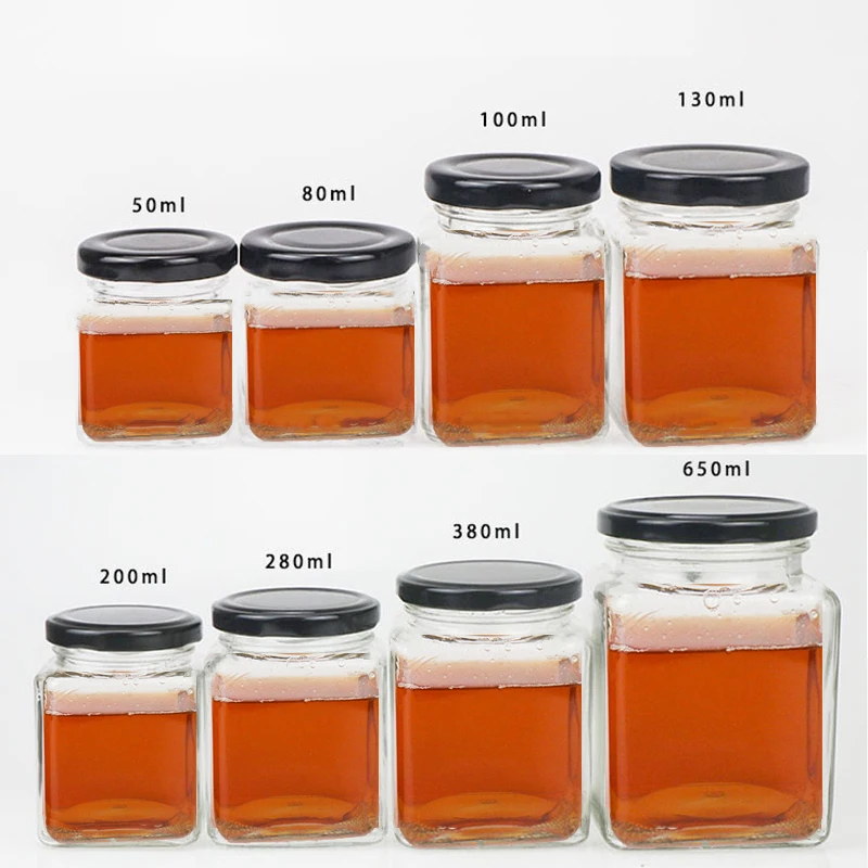 Glass food jar with lid Square glass jar Honey jar 50ml 80ml 100ml 150ml 200ml 280ml 500ml 730ml Food packaging Storage tank
