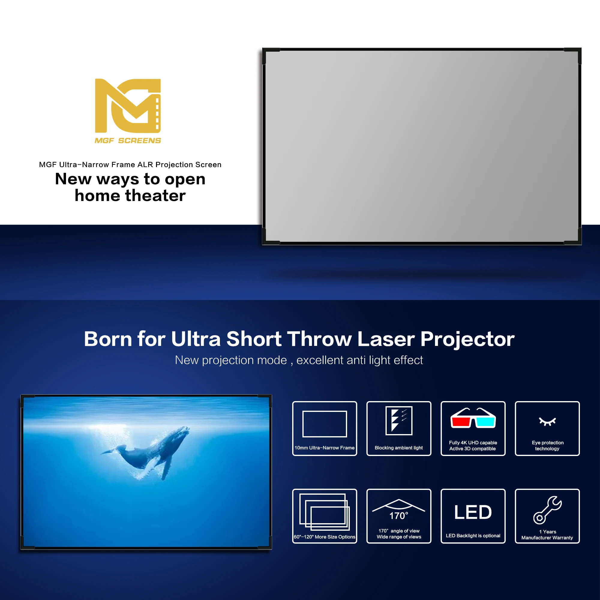 100 120 150 inch fixed frame projector screen 4K HD ALR short/long throw projection screen for Home theater