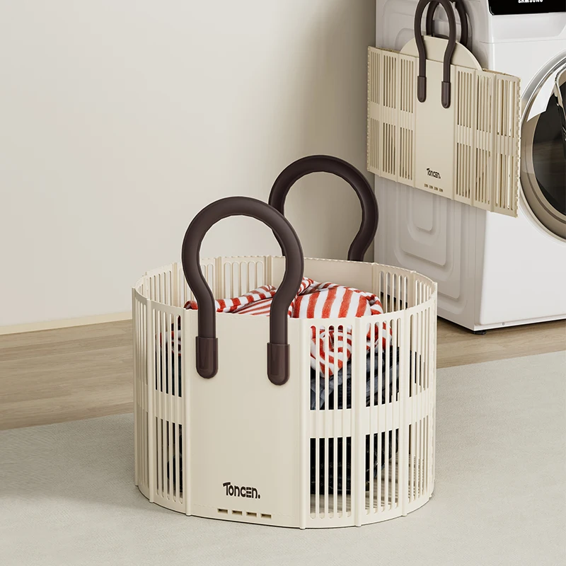 Rmier Light Weight Foldable Plastic Dirty Clothes Basket Round Large Capacity Laundry Basket With Handle