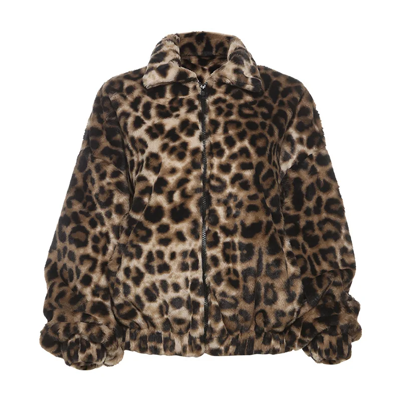 2024 Women Fashion Leopard short jacket Coat Vintage Long Sleeves Button Up Female Outerwear plush autumn winter coat