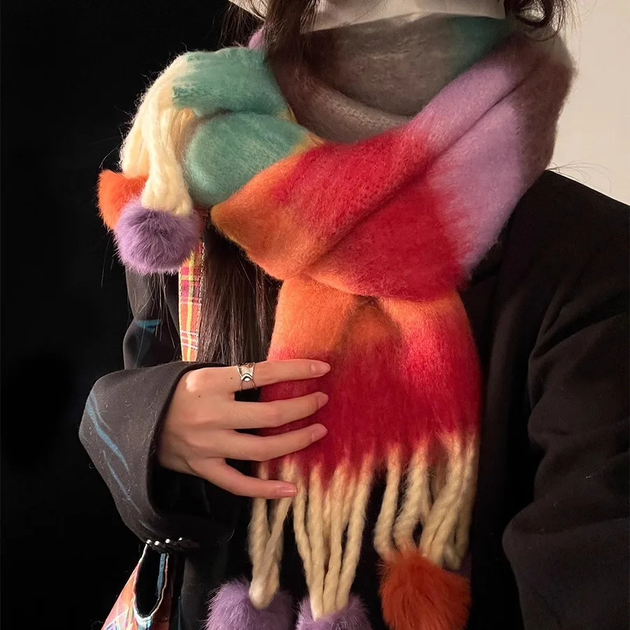 Winter warm Large plaid Solid  line  fringe scarf  Ball tassel for women